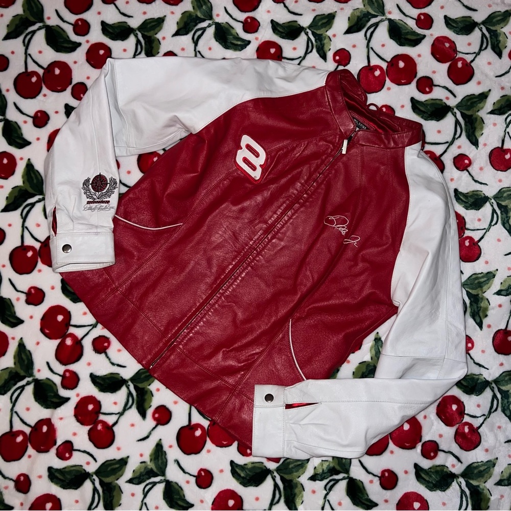 dale jr red leather racing moto jacket